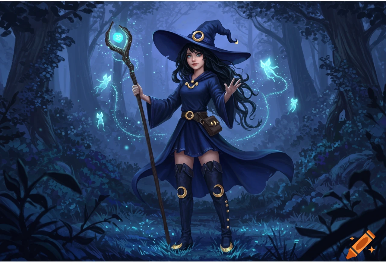 A young witch in a dark blue dress and hat, holding a glowing staff, stands in a mystical forest surrounded by fairies.