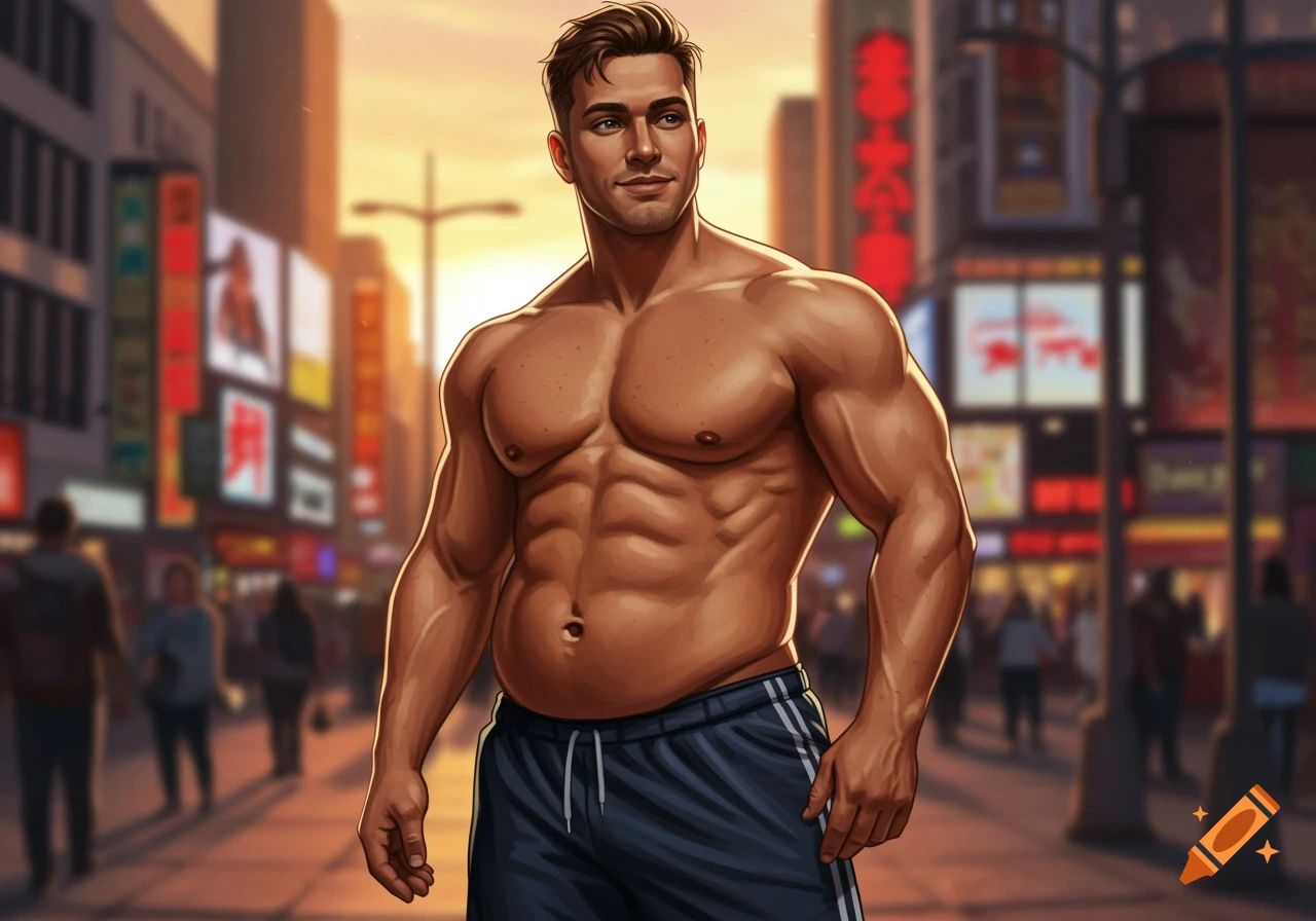 A muscular man with a large stomach poses on a busy city street at sunset, in an illustrative style.