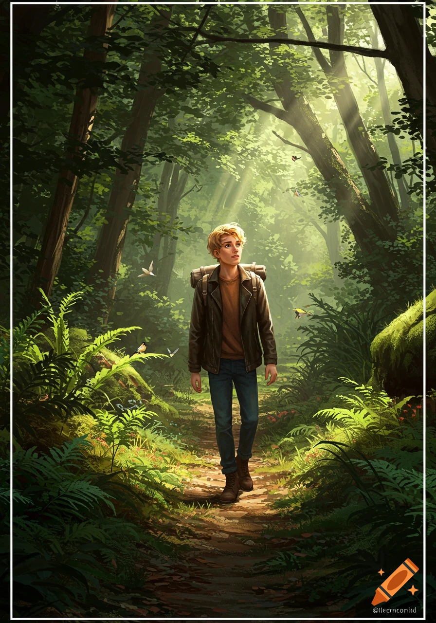 A young man with blonde hair and a backpack walks through a sunlit forest path, looking up.
