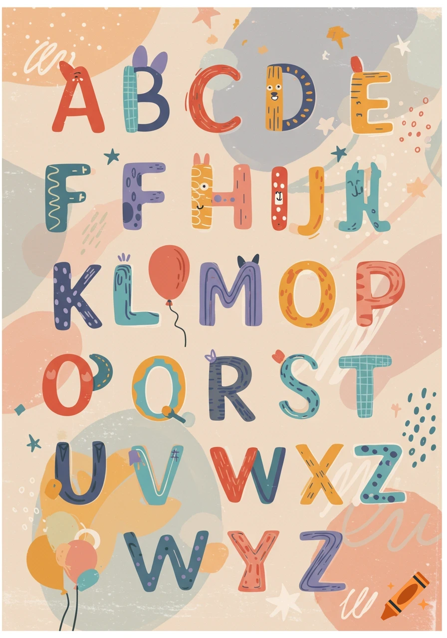 Colorful, abstract illustration of the English alphabet from A to Z, designed for children.
