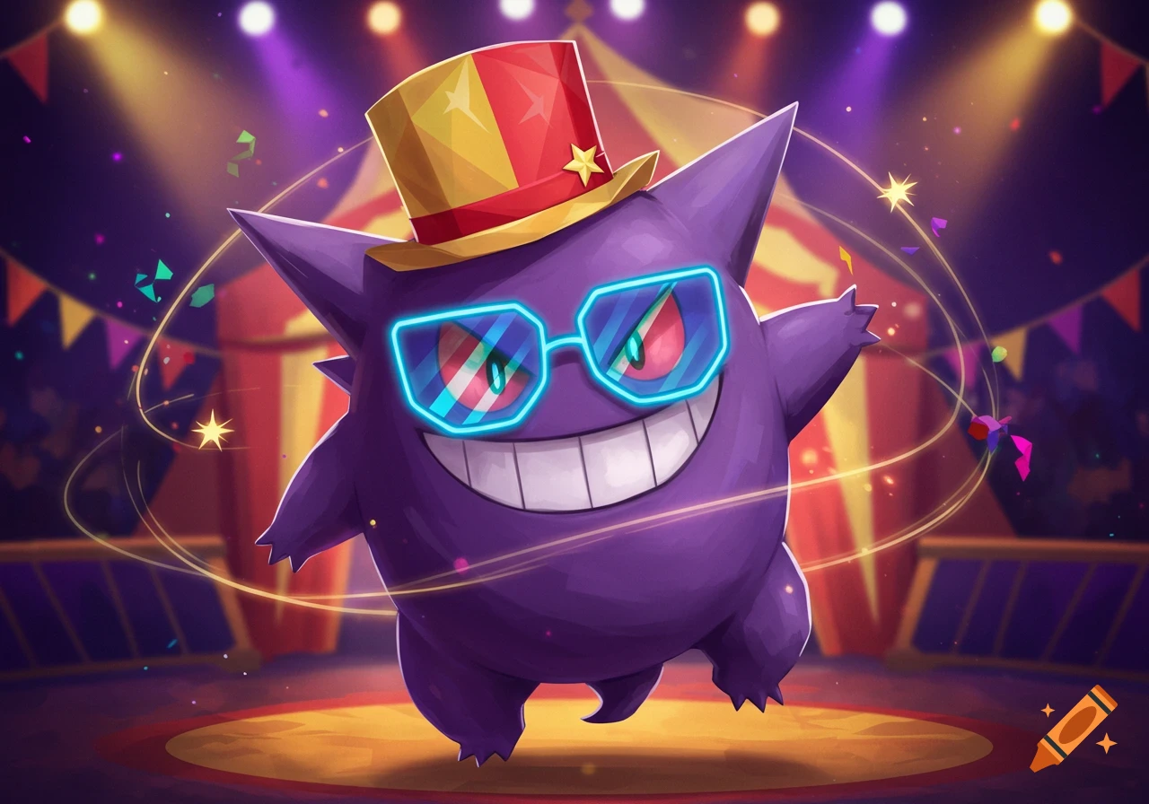 A purple Gengar Pokémon wearing a red and yellow circus top hat and blue neon-rimmed glasses smiles widely in a circus ring with confetti.