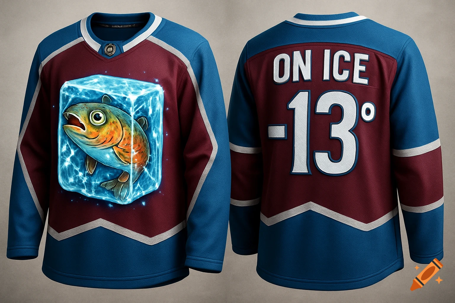 A Colorado Avalanche-style hockey jersey with a cartoon trout in an ice block on the front and 'ON ICE -130' on the back.