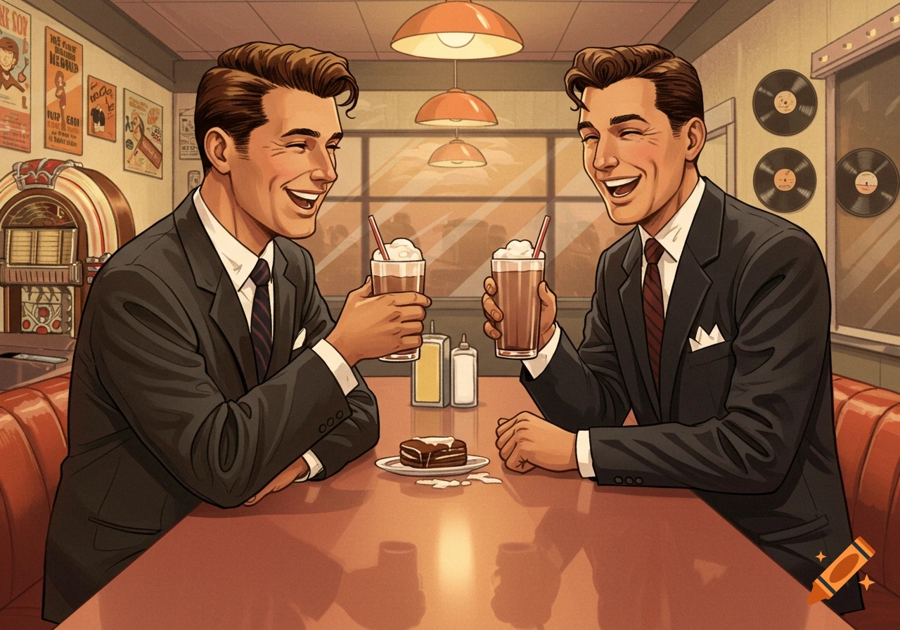 Two men in suits laugh and drink milkshakes in a 1950s style diner illustration.