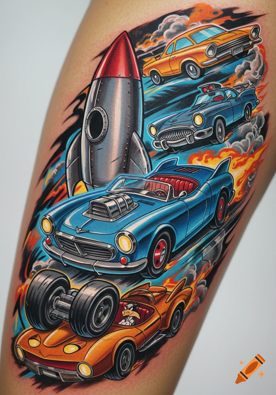 A colorful tattoo on skin featuring a rocket and several stylized cartoon cars, including one with a character resembling Daffy Duck.