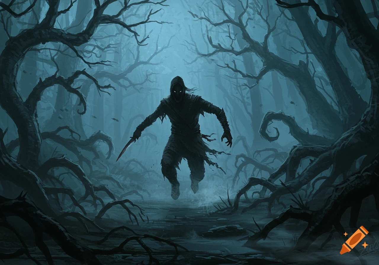 A dark, hooded figure with glowing eyes and a knife leaps through a misty, gnarled, dark forest in a fantasy art style.