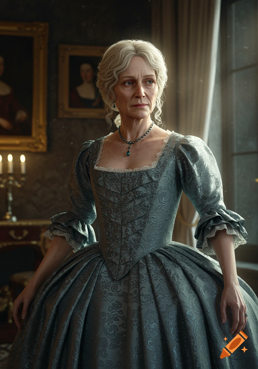 A photorealistic portrait of an elegant, middle-aged noble lady in a historical grey-blue gown, standing in a dimly lit room.