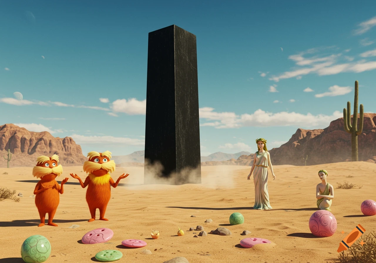 Two orange Lorax creatures and two classical statues stand in a vast desert with a tall black monolith and distant mountains under a blue sky.