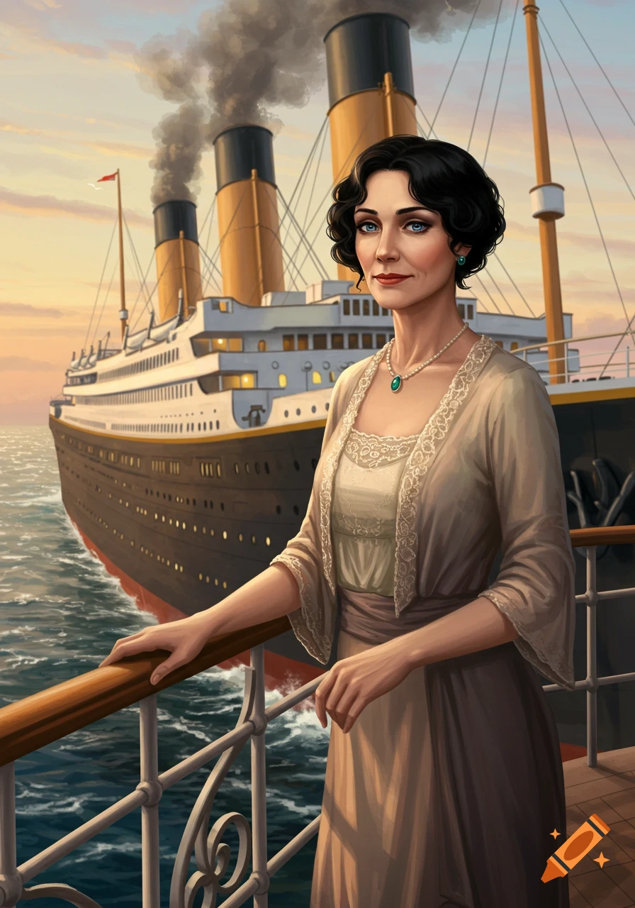A woman with short dark curly hair and a pearl necklace stands on the deck of a large ship at sunset.