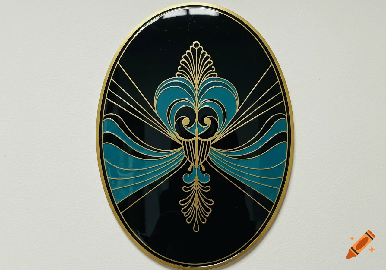 An oval art deco emblem in black and teal with gold outlines on a white background.
