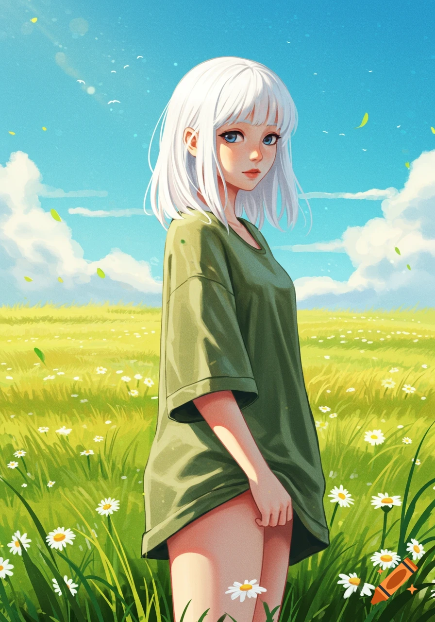 Anime-style young woman with white hair in a green t-shirt stands in a sunny field of daisies under a blue sky.