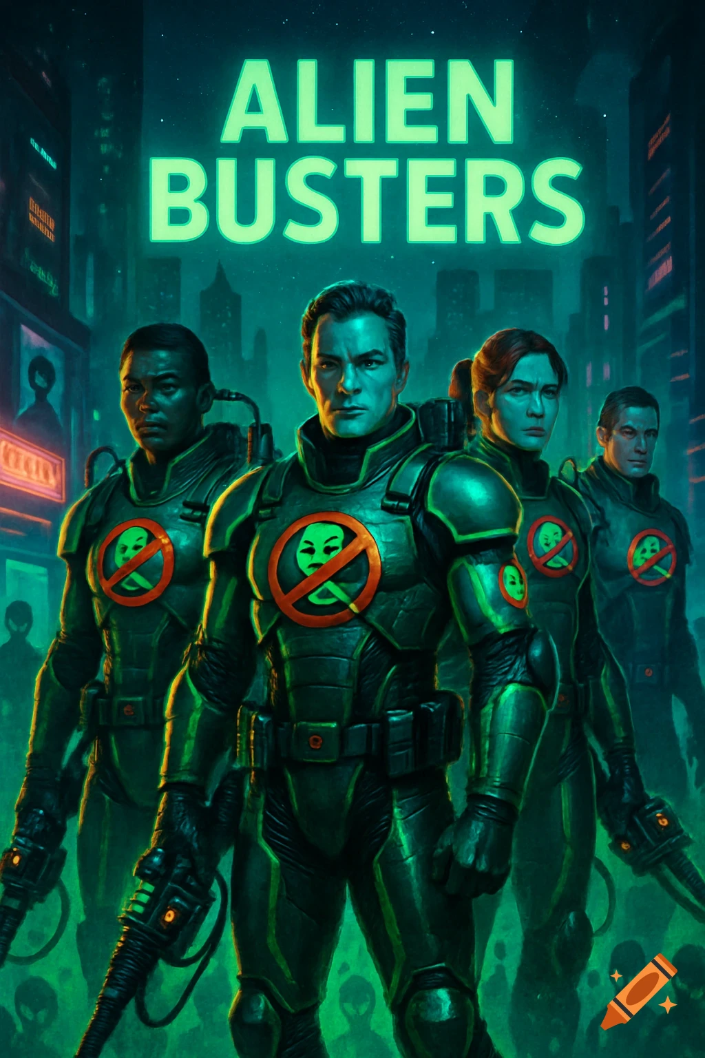A team of four 'Alien Busters' in glowing neon green and black futuristic armor stand in a dark, alien-infested city at night, with the title 'ALIEN BUSTERS' above.