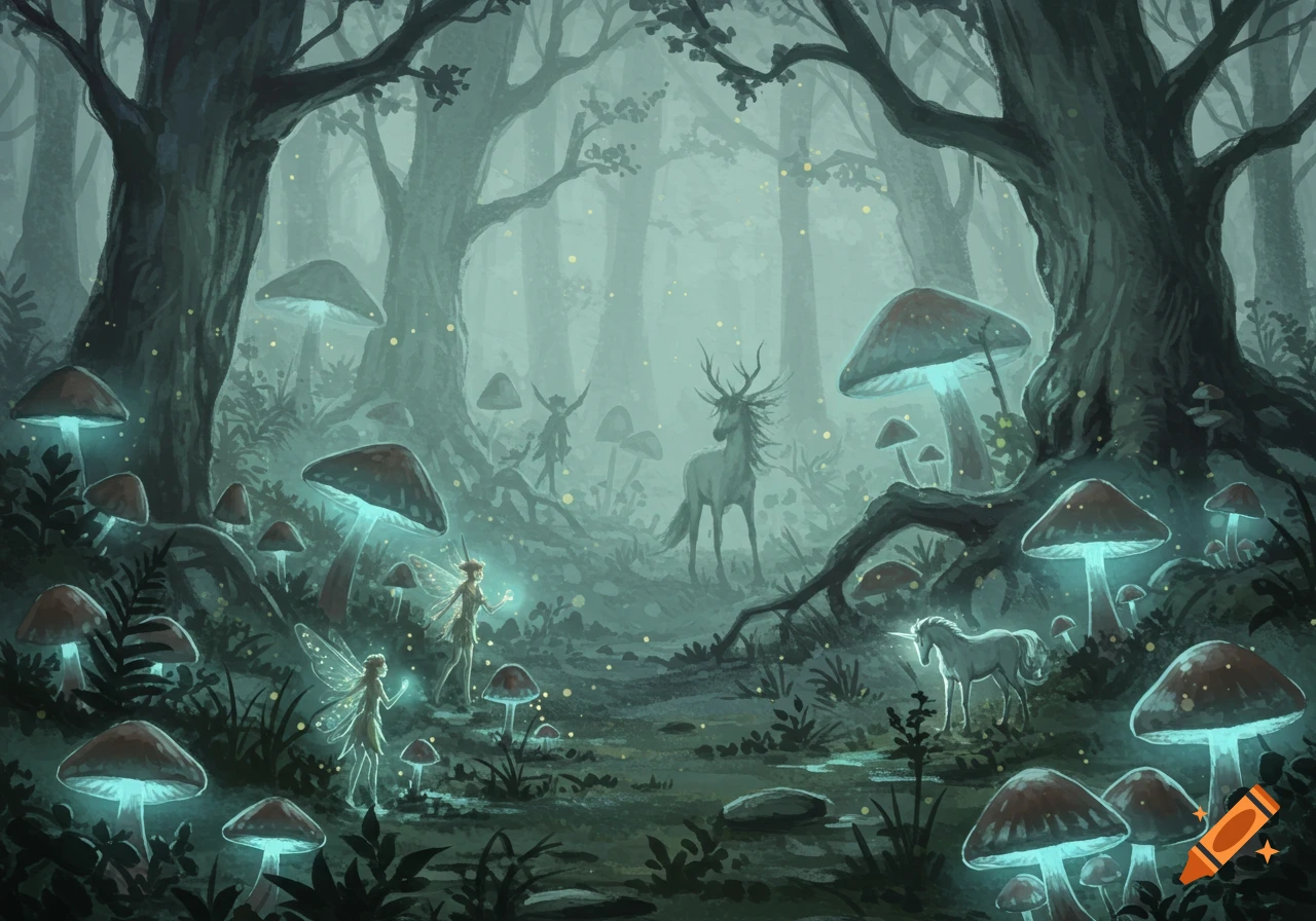 A watercolor painting of a magical forest with glowing mushrooms, fairies, a deer-like creature, and a unicorn.