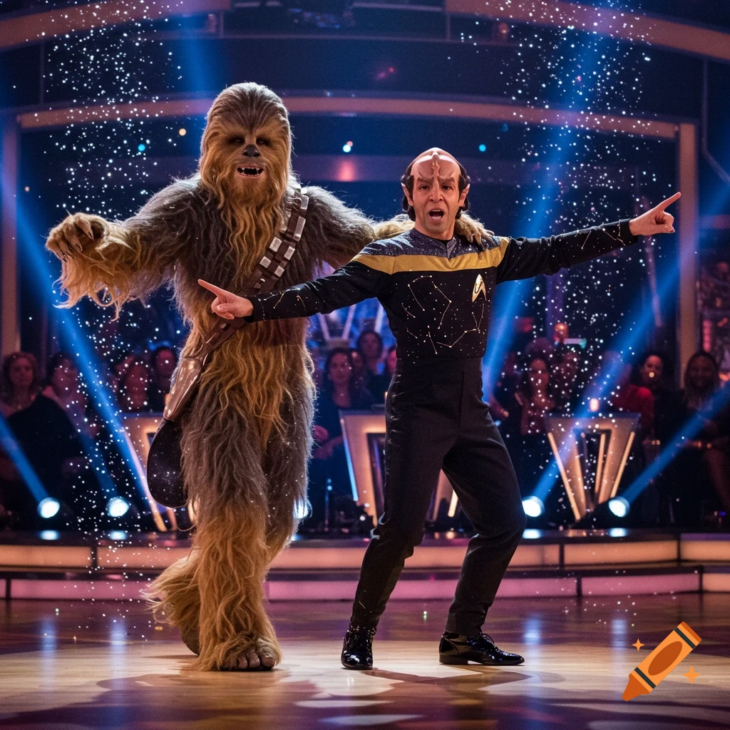 Photorealistic image of Chewbacca and Worf dancing on a stage under a shower of stars, with an audience in the background.