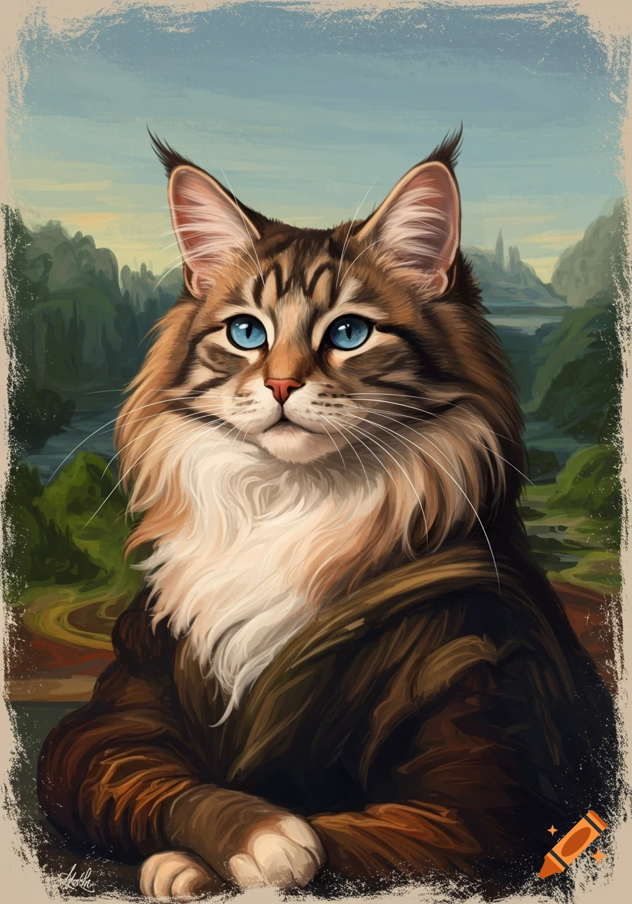 A painting of a fluffy Norwegian Forest Cat with blue eyes, posed like the Mona Lisa, against a scenic landscape background.