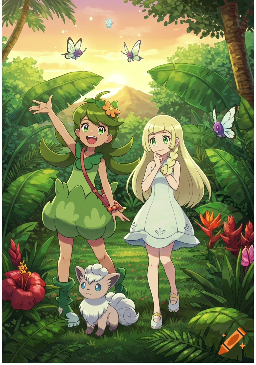 Anime depiction of Mallow, Lillie, and Alolan Vulpix in a vibrant tropical jungle at sunset, with butterflies flying.