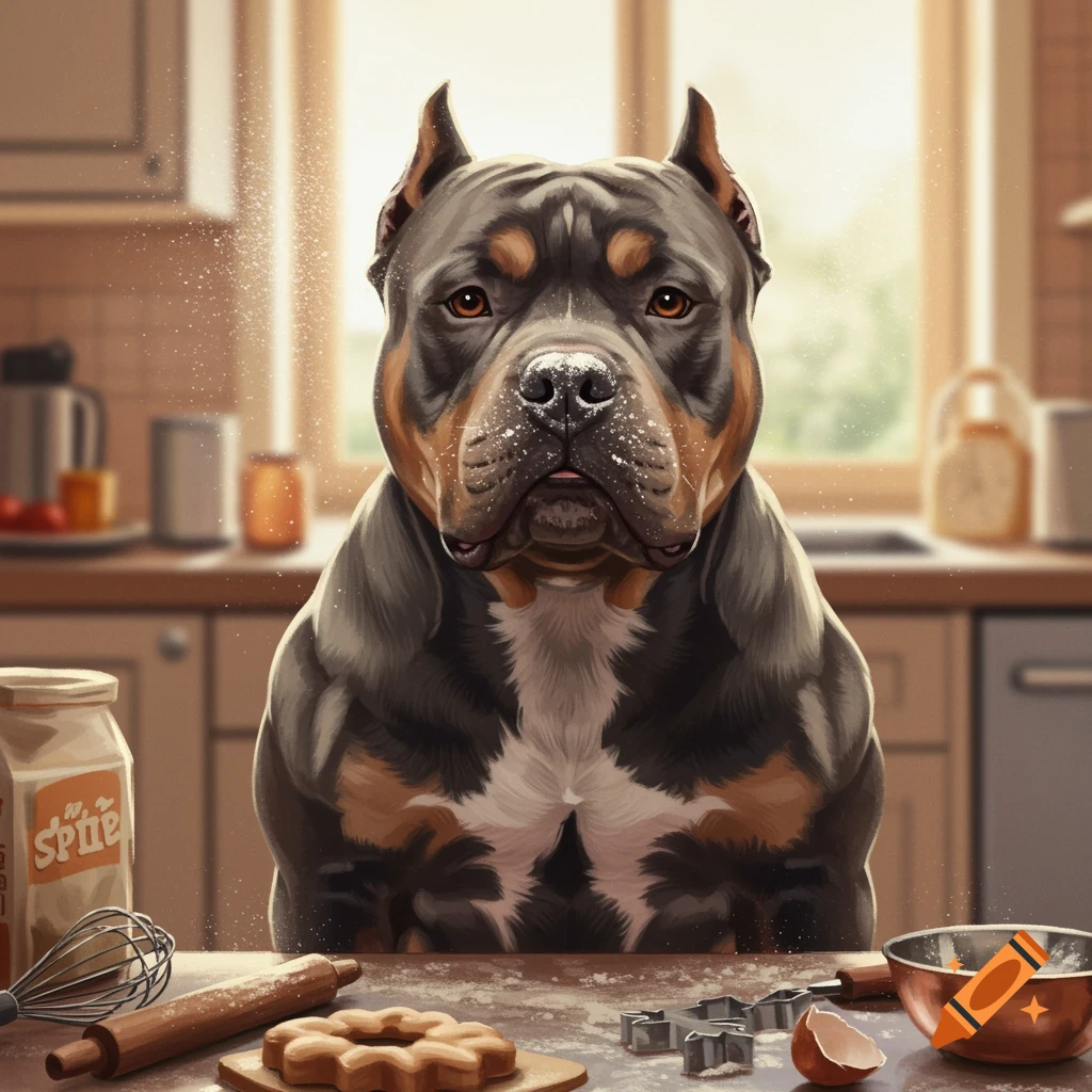 A serious-looking XL Bully dog with flour on its nose stands at a kitchen counter with baking ingredients, appearing to bake.