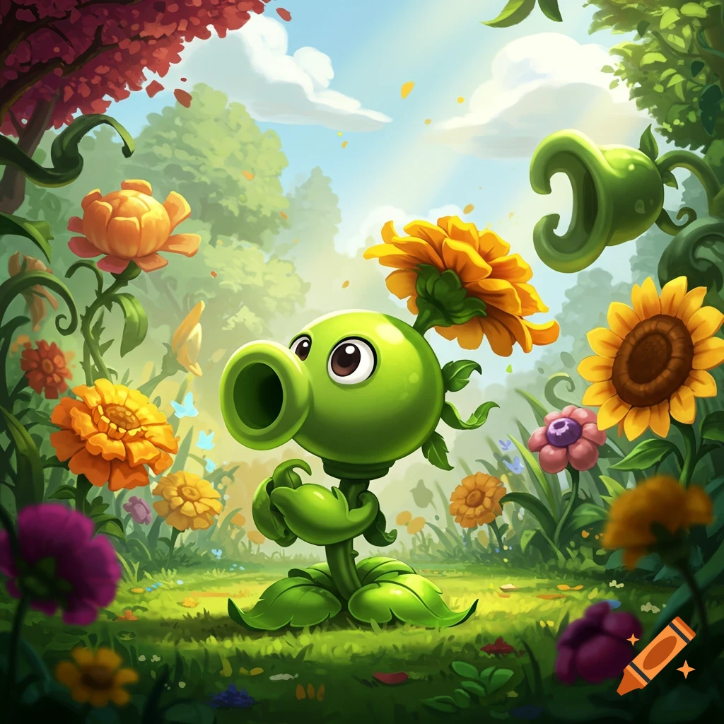 A cute, cartoon-style Peashooter character stands in a vibrant, lush garden filled with colorful flowers and green foliage.