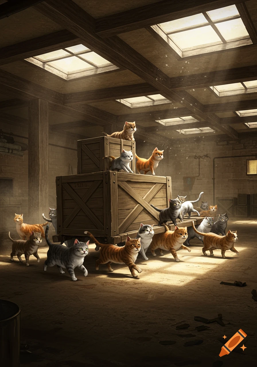 A large group of cats, including tabbies and orange cats, on and around wooden crates in a dusty, sunlit warehouse.