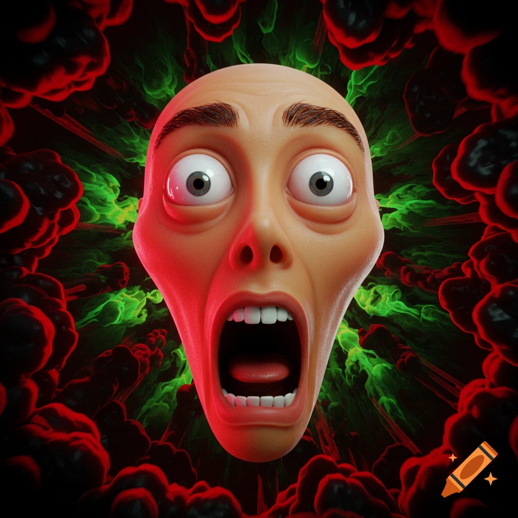 A bald, wide-eyed, screaming face with an exaggerated, distorted expression. It's surrounded by red and green swirling elements.