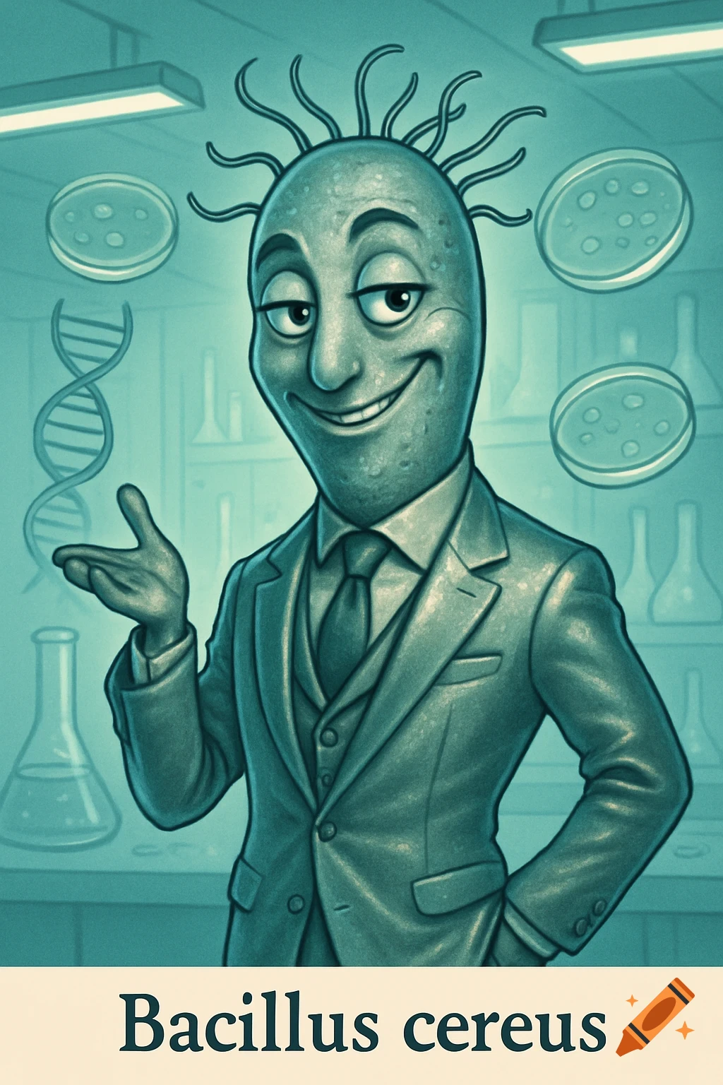 A cartoon bacterium character, green and smiling, dressed in a suit within a laboratory setting, with beakers, petri dishes, and a DNA strand in the background. The text "Bacillus cereus" is at the bottom.