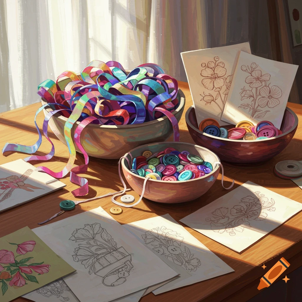 A sunlit wooden table displays craft supplies: a bowl of colorful ribbons, two bowls of assorted buttons, and sketches of flowers on paper.