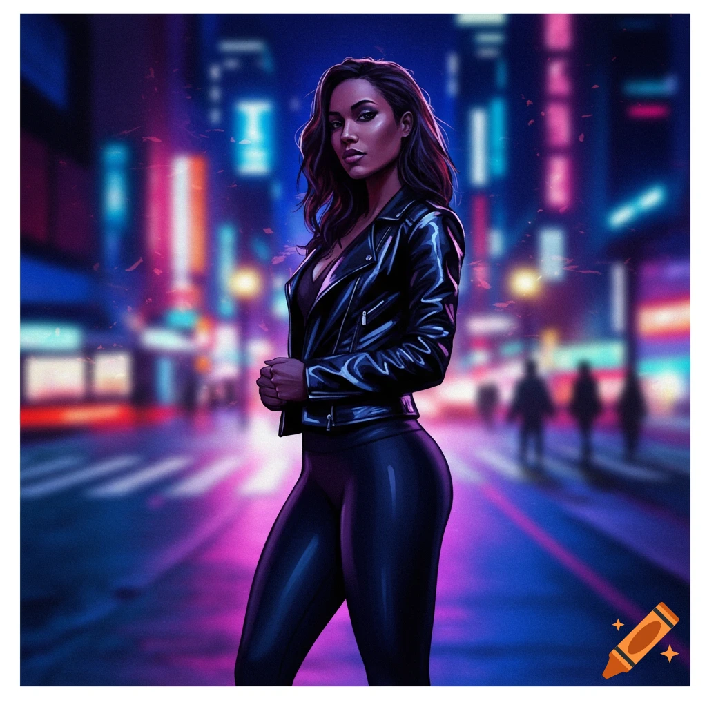 A stylish woman in a black leather jacket and tight pants stands on a neon-lit city street at night.