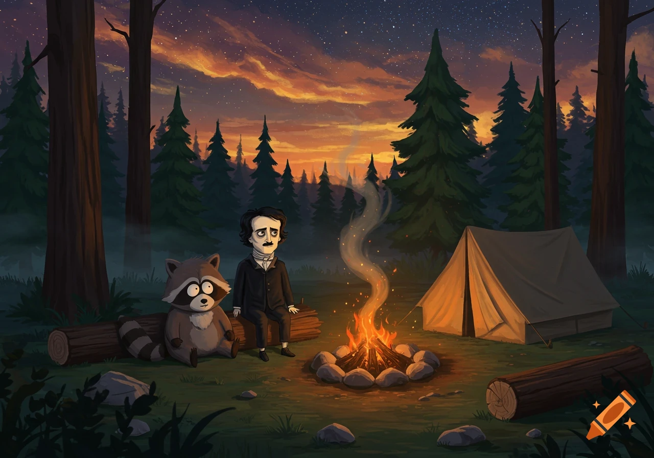 Cartoon illustration of Edgar Allan Poe and a raccoon sitting by a campfire in a forest at dusk, with a tent.