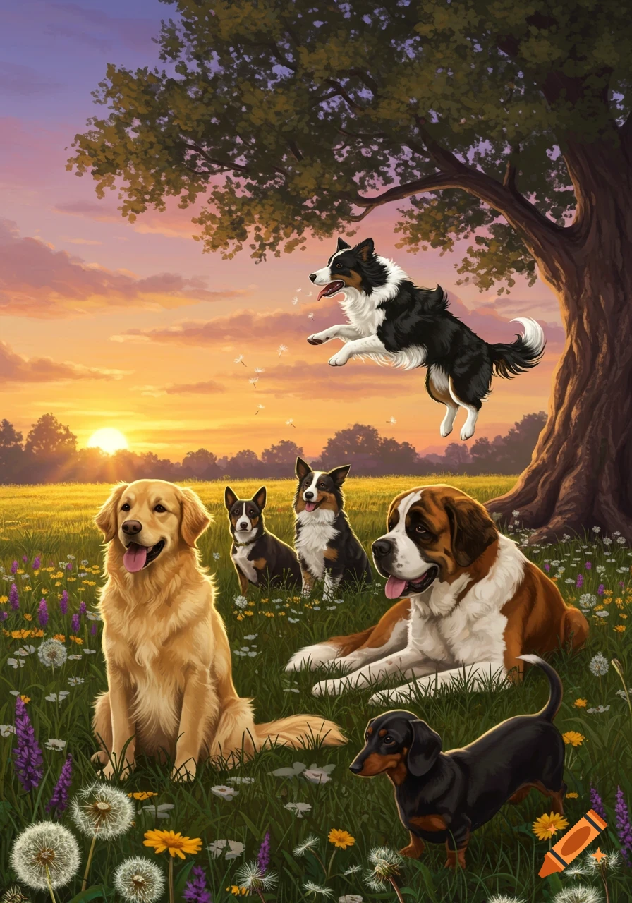 Five diverse dogs in a sunny, grassy field with wildflowers under a large tree at sunset, one dog jumping.