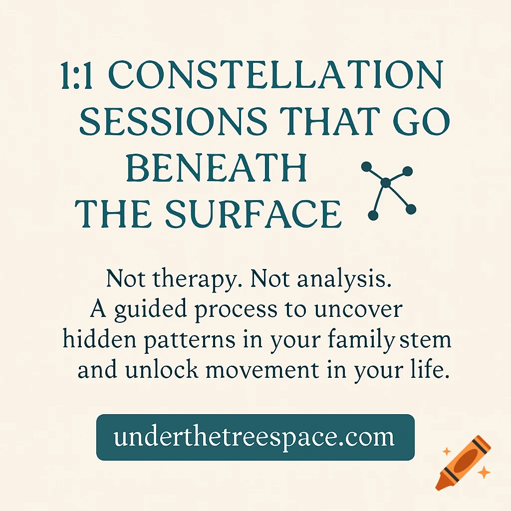 Minimalist promotional graphic with dark teal text on a soft beige background, advertising '1:1 constellation sessions' and 'underthetreespace.com'.