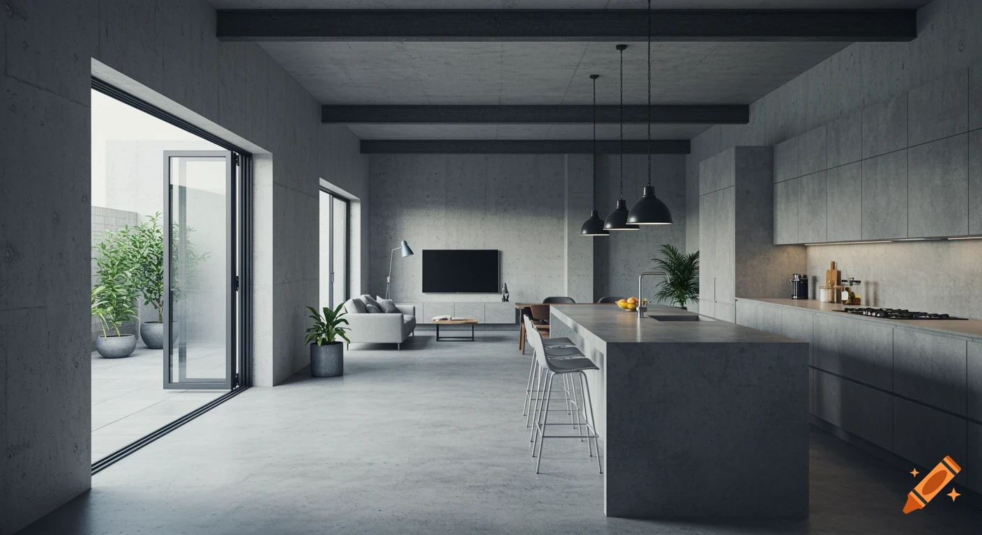 A spacious, modern open-plan kitchen, dining, and living room with concrete walls and floors, a large kitchen island, and bifold doors opening to a patio.