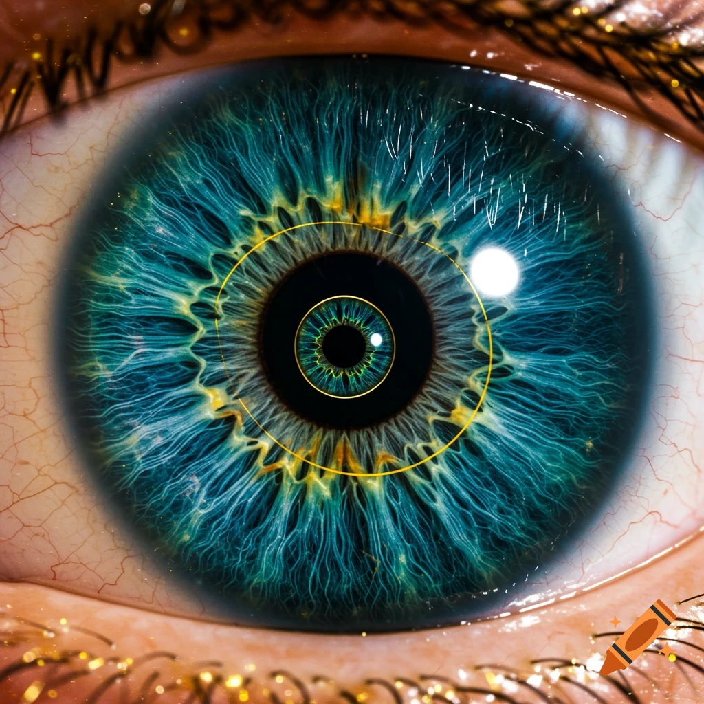 Close-up of a vibrant blue and green human eye with golden Fibonacci spiral patterns in the iris, photorealistic.