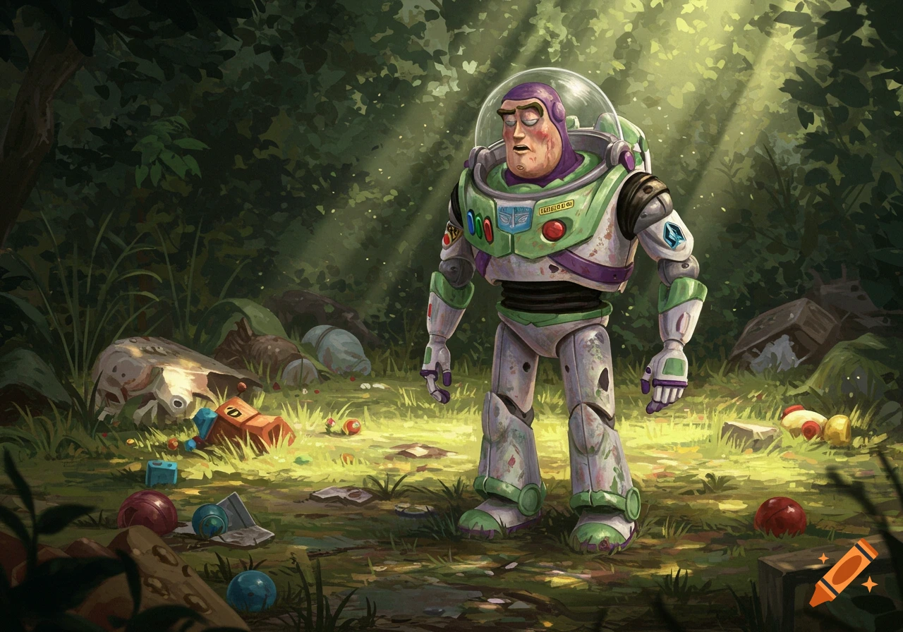 A weathered Buzz Lightyear toy stands in a lush, sun-dappled forest among discarded toys, looking forlorn.