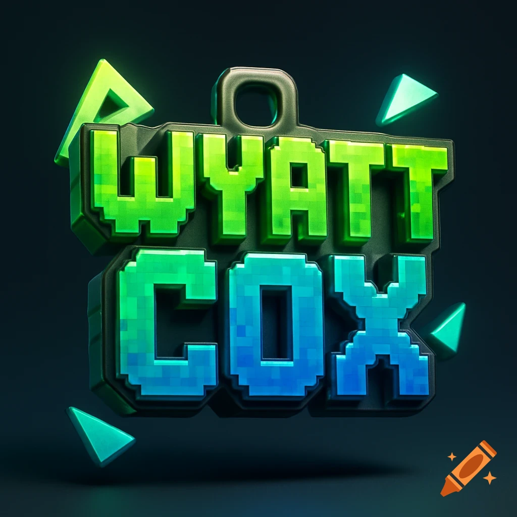 A vibrant 3D pixel art logo featuring the name 'Wyatt Cox' in green and blue, with glowing geometric shapes.