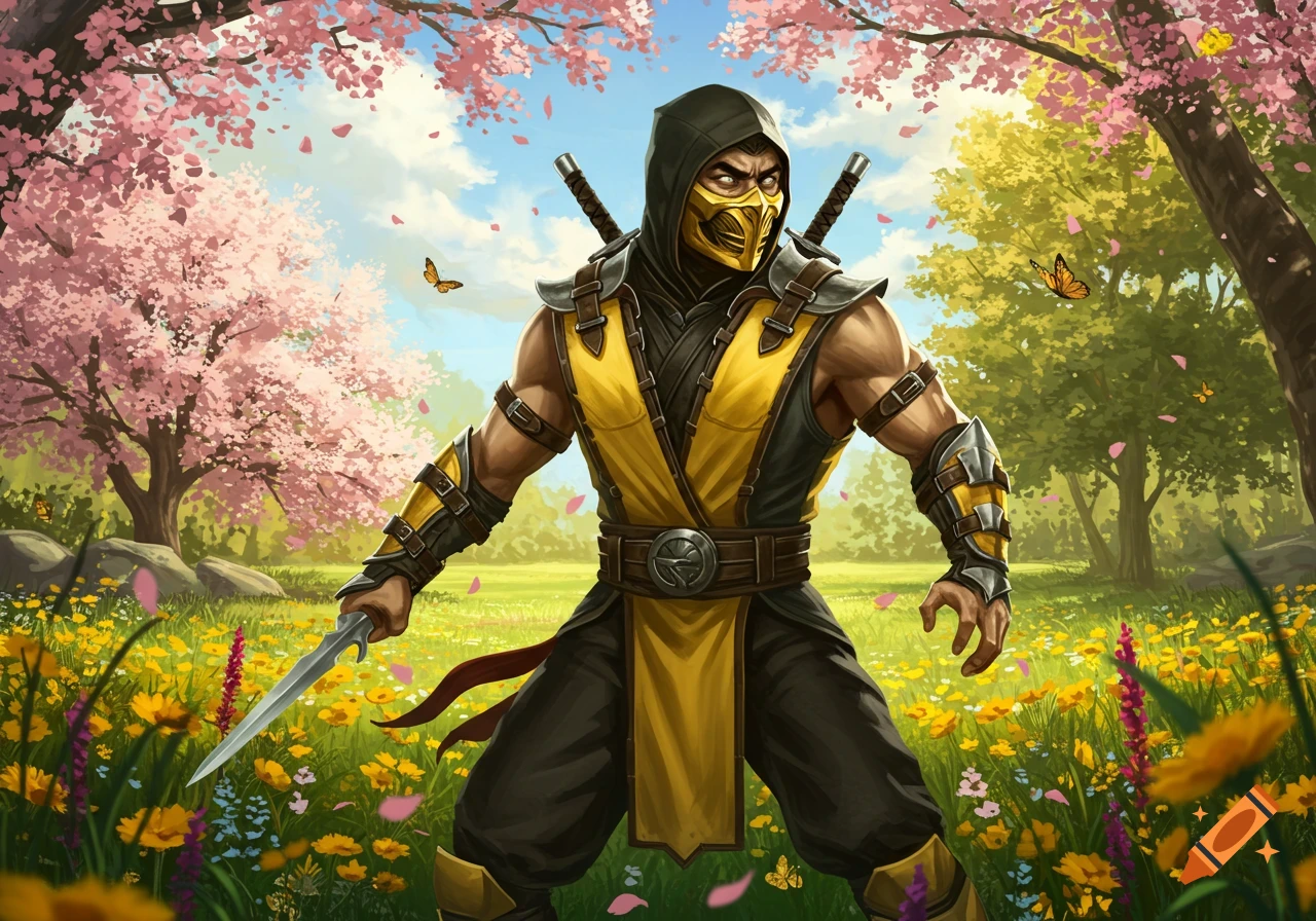 Scorpion from Mortal Kombat in his yellow and black ninja attire, holding a dagger in a vibrant field of flowers under cherry blossom trees.