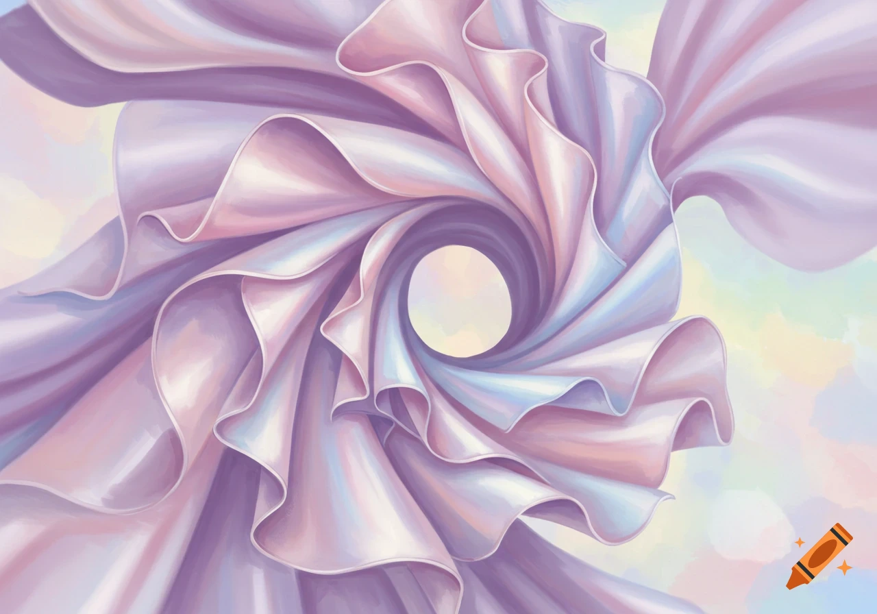 Close-up of abstract, flowing ruffles in lavender, pink, and blue forming a spiral.