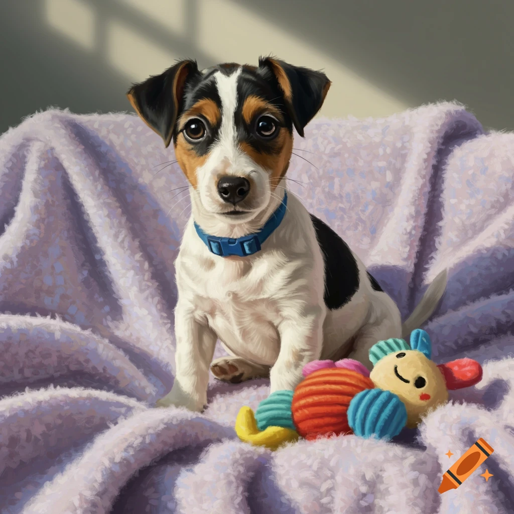 A painted Jack Russell Terrier puppy with tricolor fur and a blue collar sits on a purple blanket with a plush toy.