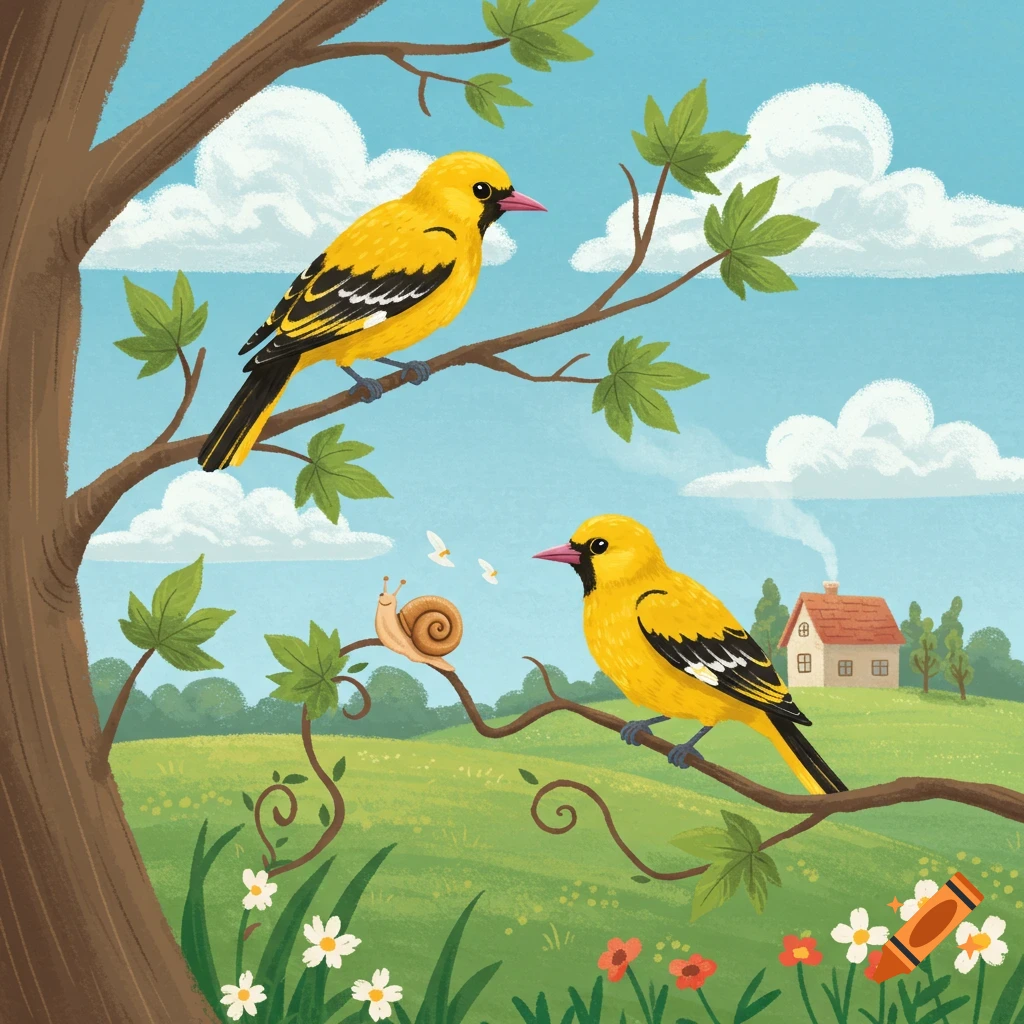 Two yellow orioles on a tree branch, one looking at a snail on a vine, in a cartoon landscape with a house.