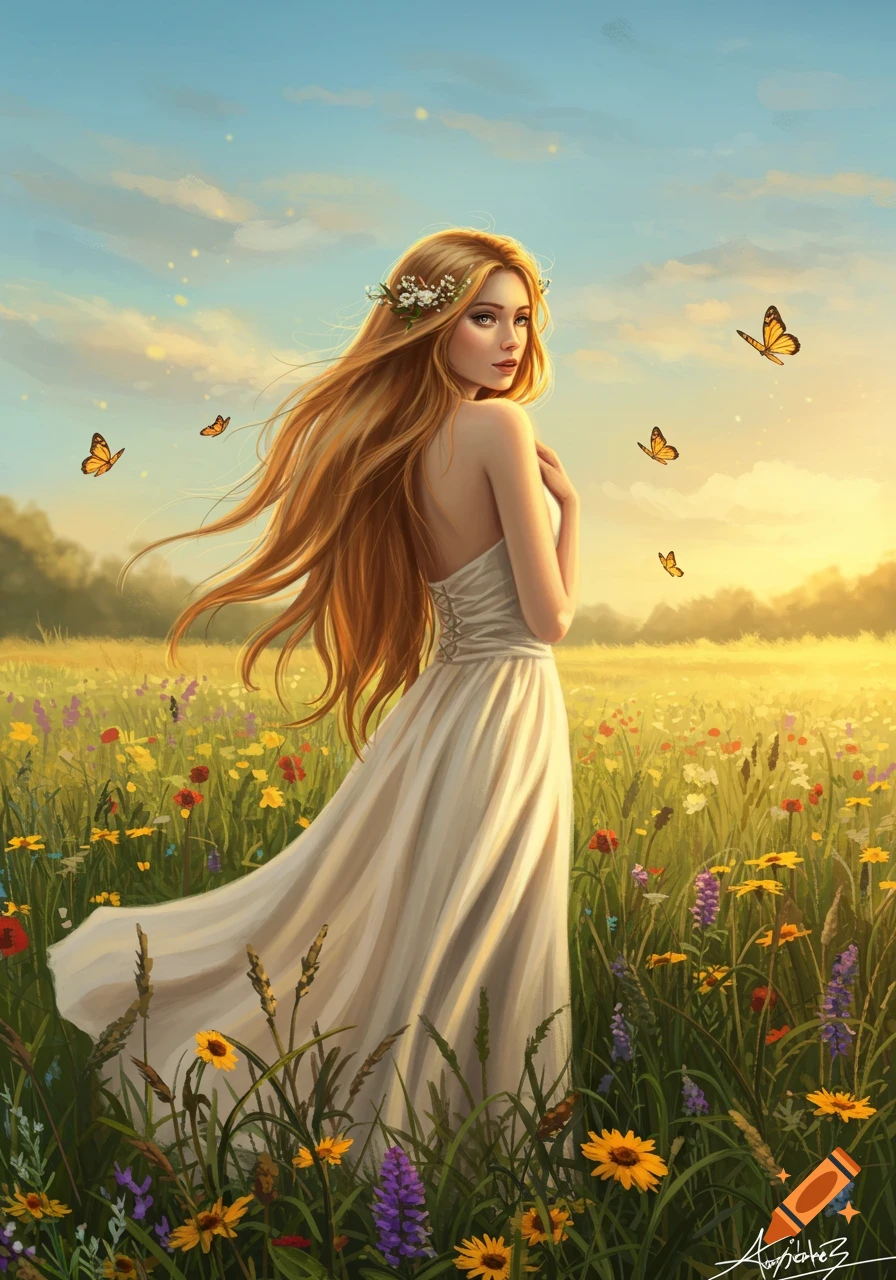 A long-haired woman in a white dress and flower crown stands in a vibrant wildflower field at sunset, with butterflies around her.