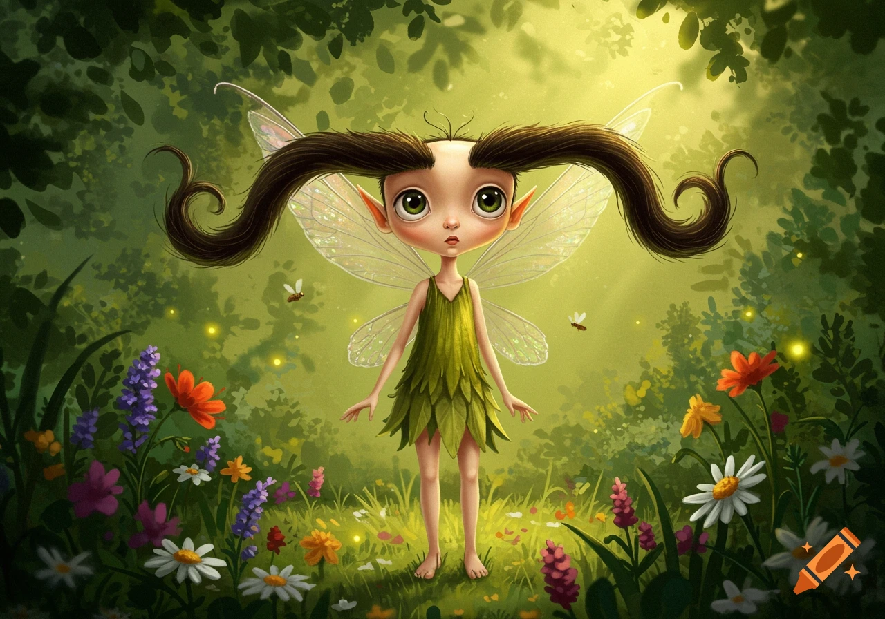 A cartoon fairy with large, dark, curly eyebrows, a green leaf dress, and translucent wings stands in a vibrant forest field with colorful flowers and fireflies.