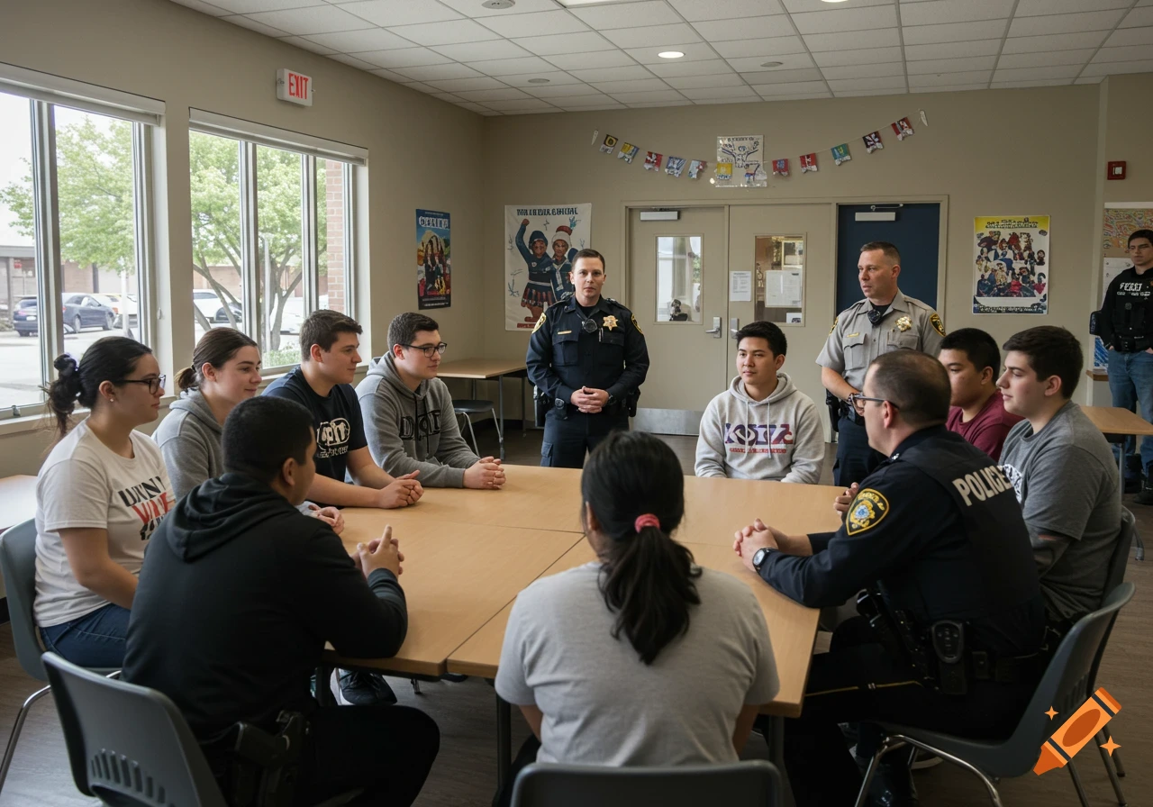 Teenagers and police officers seated around a table in a meeting room, engaged in a discussion.