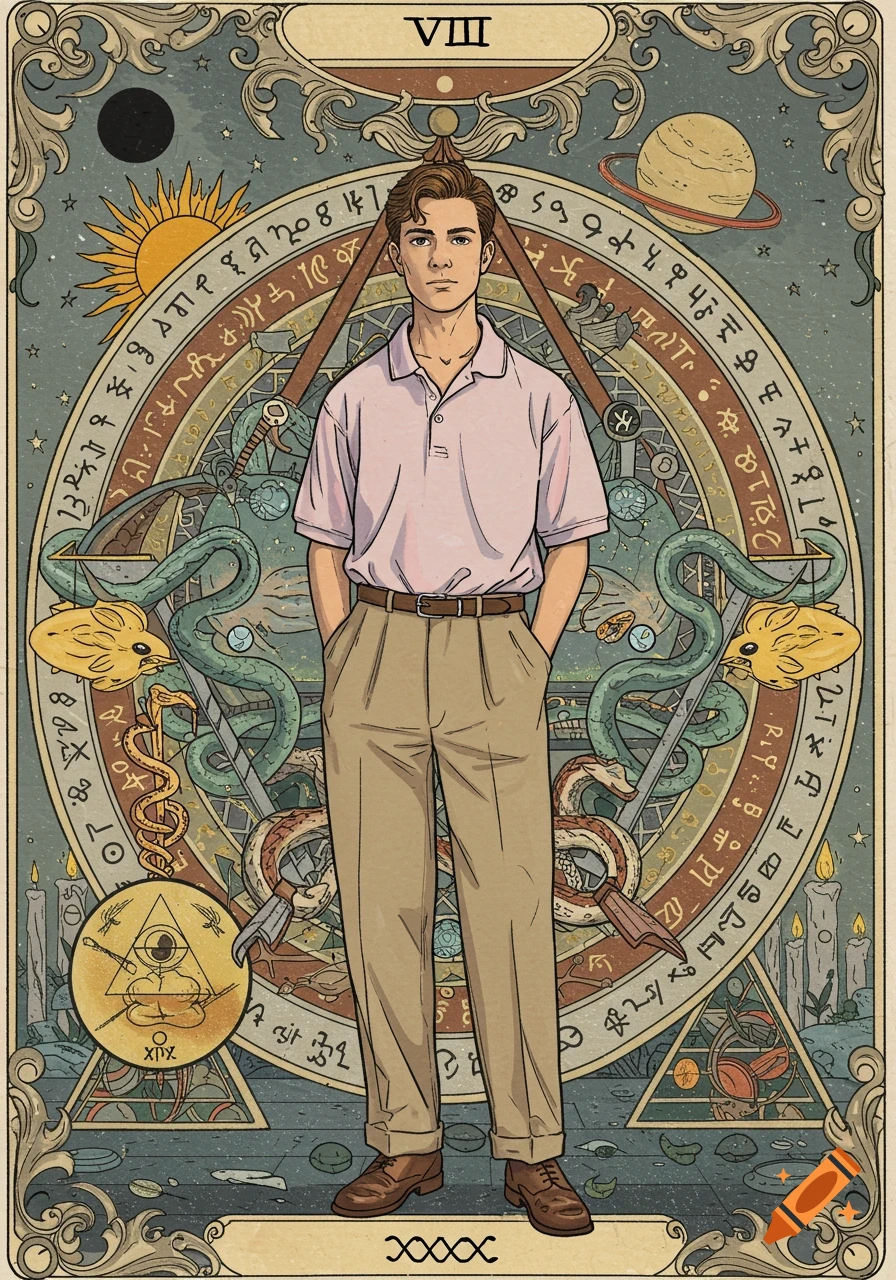 A stylized tarot card features a stoic young man in a pink polo and khakis, surrounded by intricate occult and alchemical symbols in a detailed, vintage illustration style.
