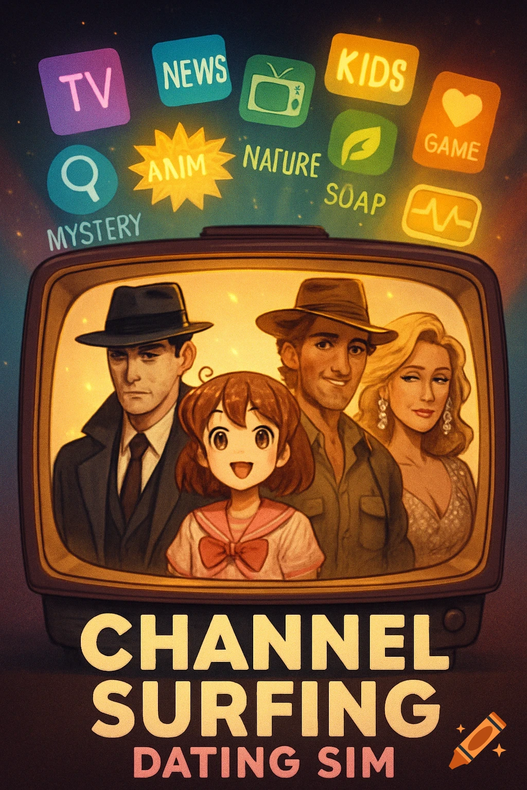 A stylized poster featuring a retro TV screen displaying diverse characters, with genre icons floating above. Text reads 'CHANNEL SURFING DATING SIM'.