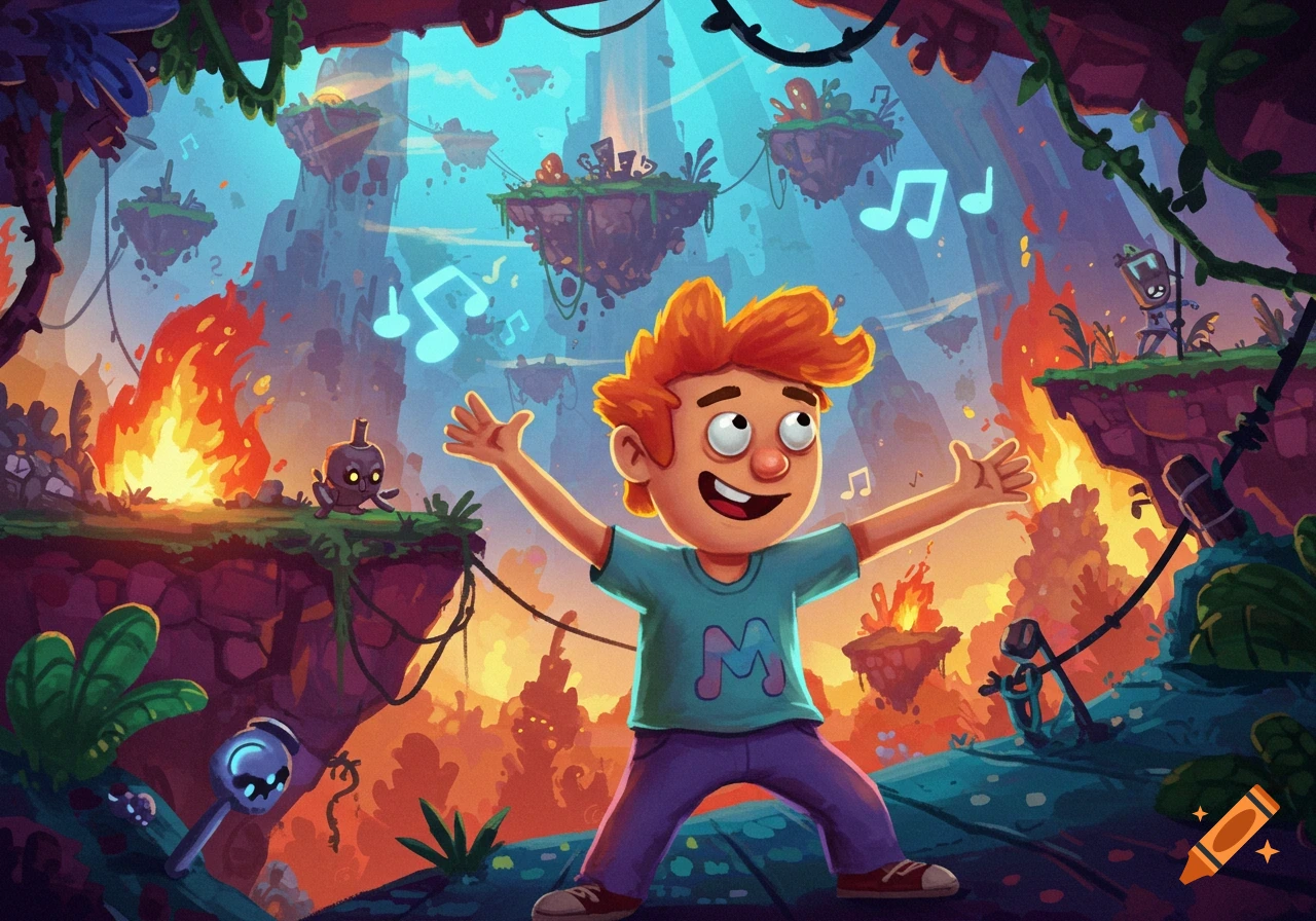 A cheerful, red-haired cartoon boy with an M on his teal shirt stands with arms outstretched in a vibrant fantasy landscape with floating islands, fire, and glowing musical notes.
