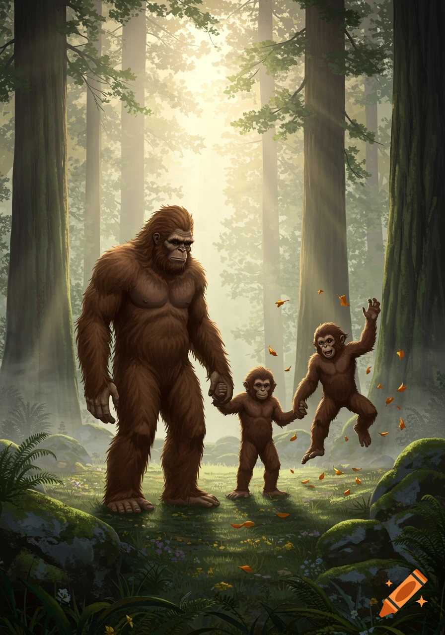 A large Bigfoot walks through a sunlit forest, holding hands with a smaller one, while another small Bigfoot jumps playfully.