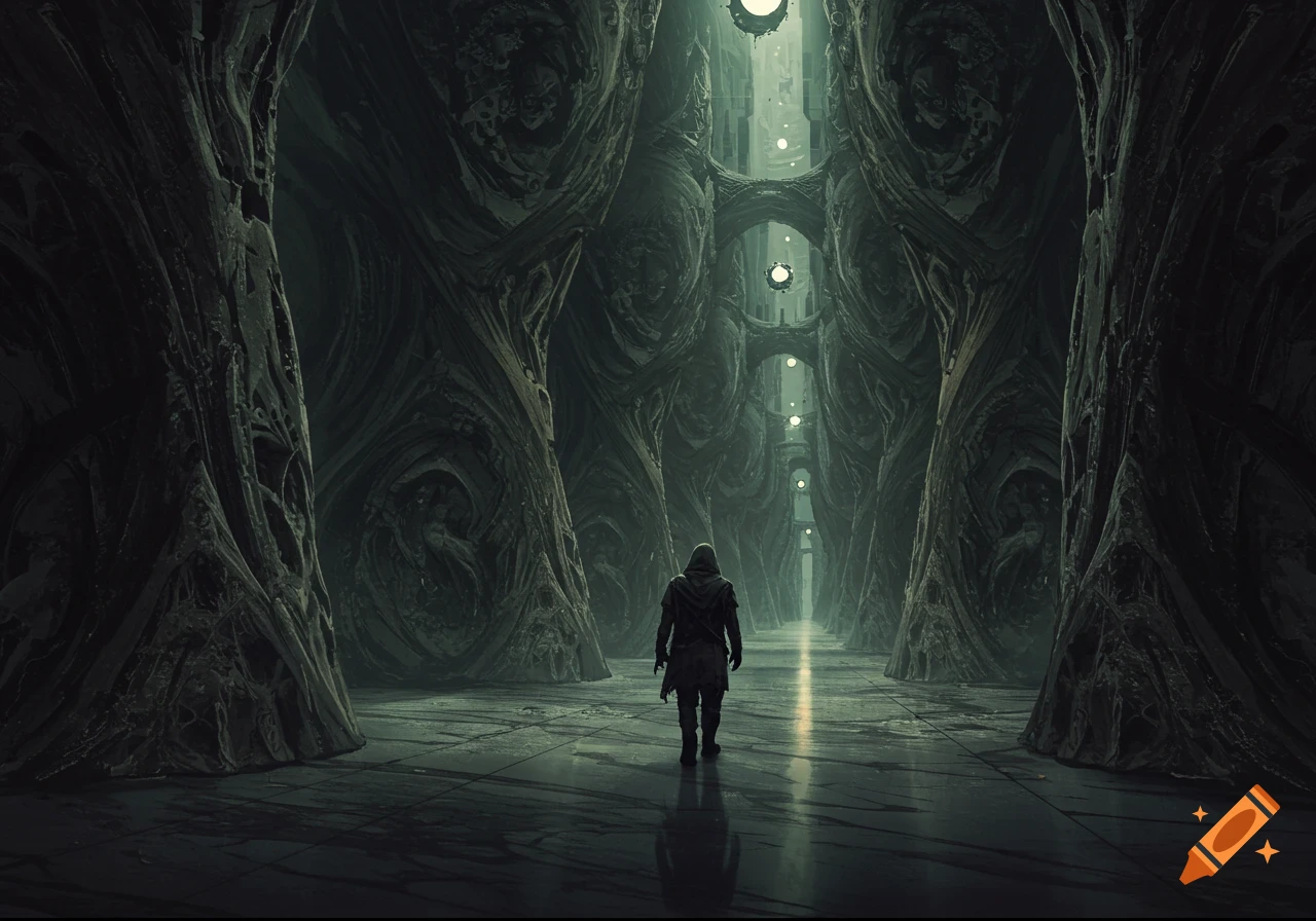 A lone cloaked figure walks down a long, dark, cavernous hallway with intricate, organic pillars and glowing lights.