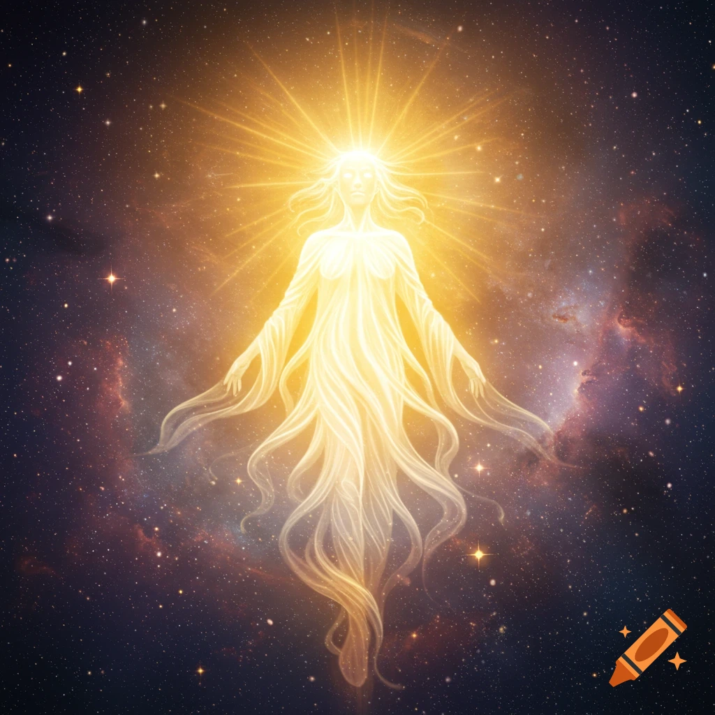 A radiant, ethereal figure glows brightly against a backdrop of stars and nebulae in deep space, emanating golden light.