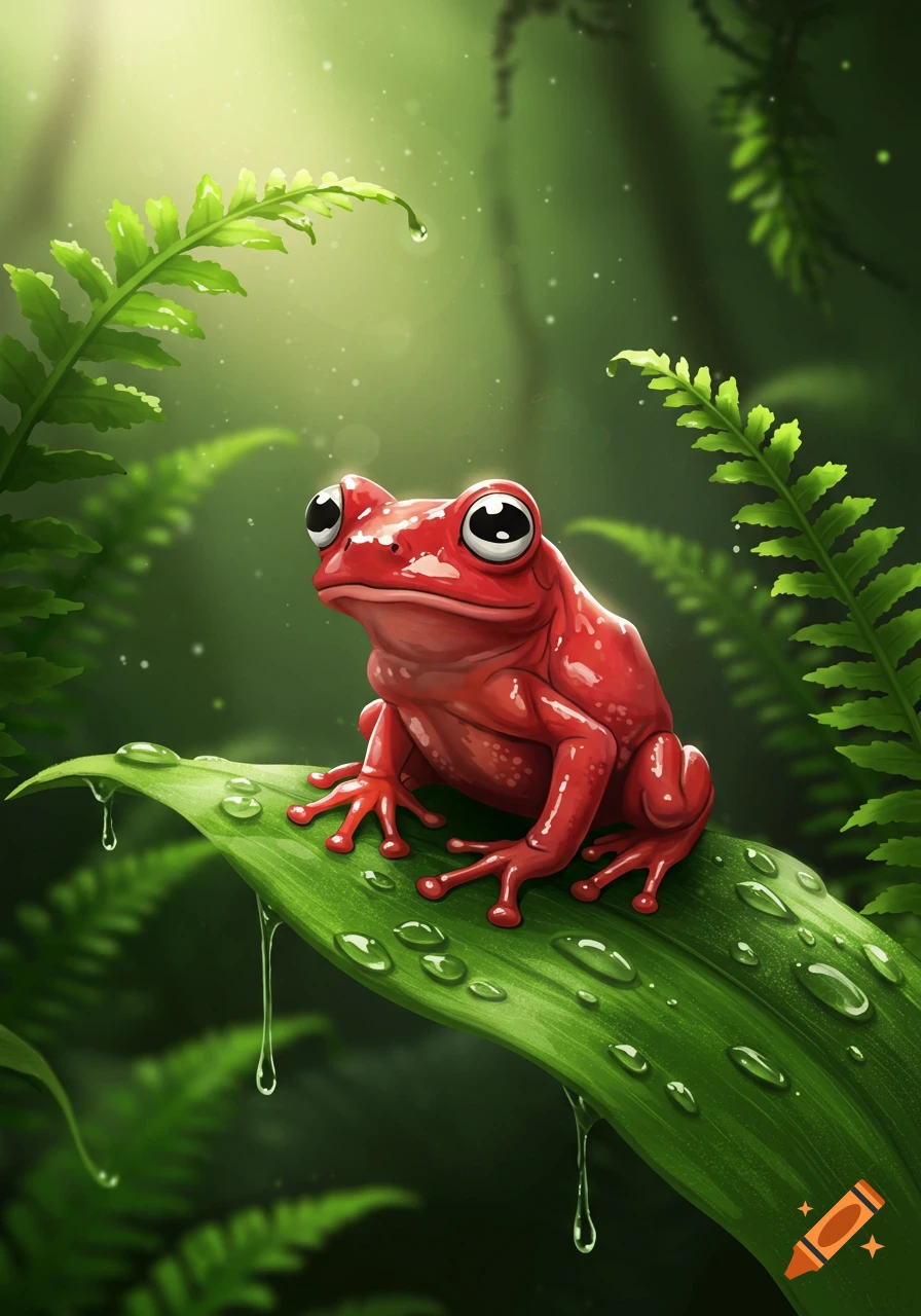 A red cartoon frog with large eyes sits on a wet green leaf with water droplets in a lush green forest setting.