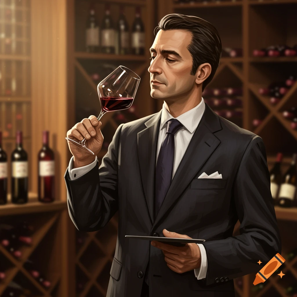 A man in a dark suit, a sommelier, holds and smells a glass of red wine in a cellar, while holding a tablet. Photorealistic style.