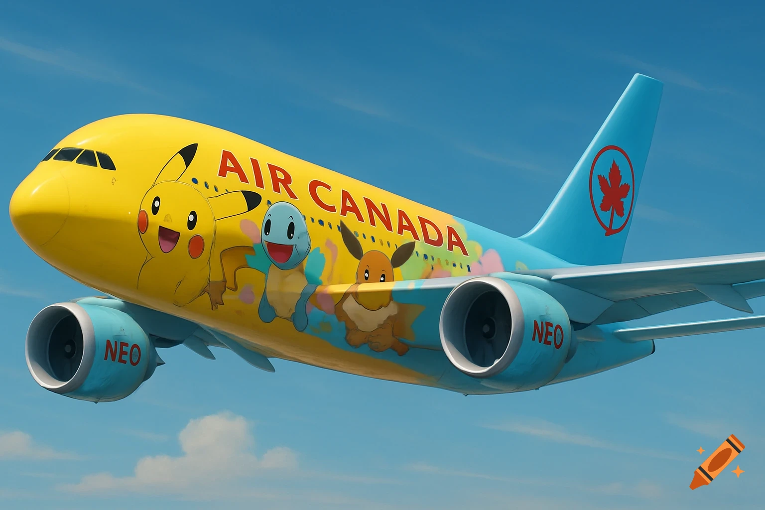 A bright yellow Air Canada airplane with blue and red details, featuring large cartoon illustrations of Pikachu, Squirtle, and Eevee.