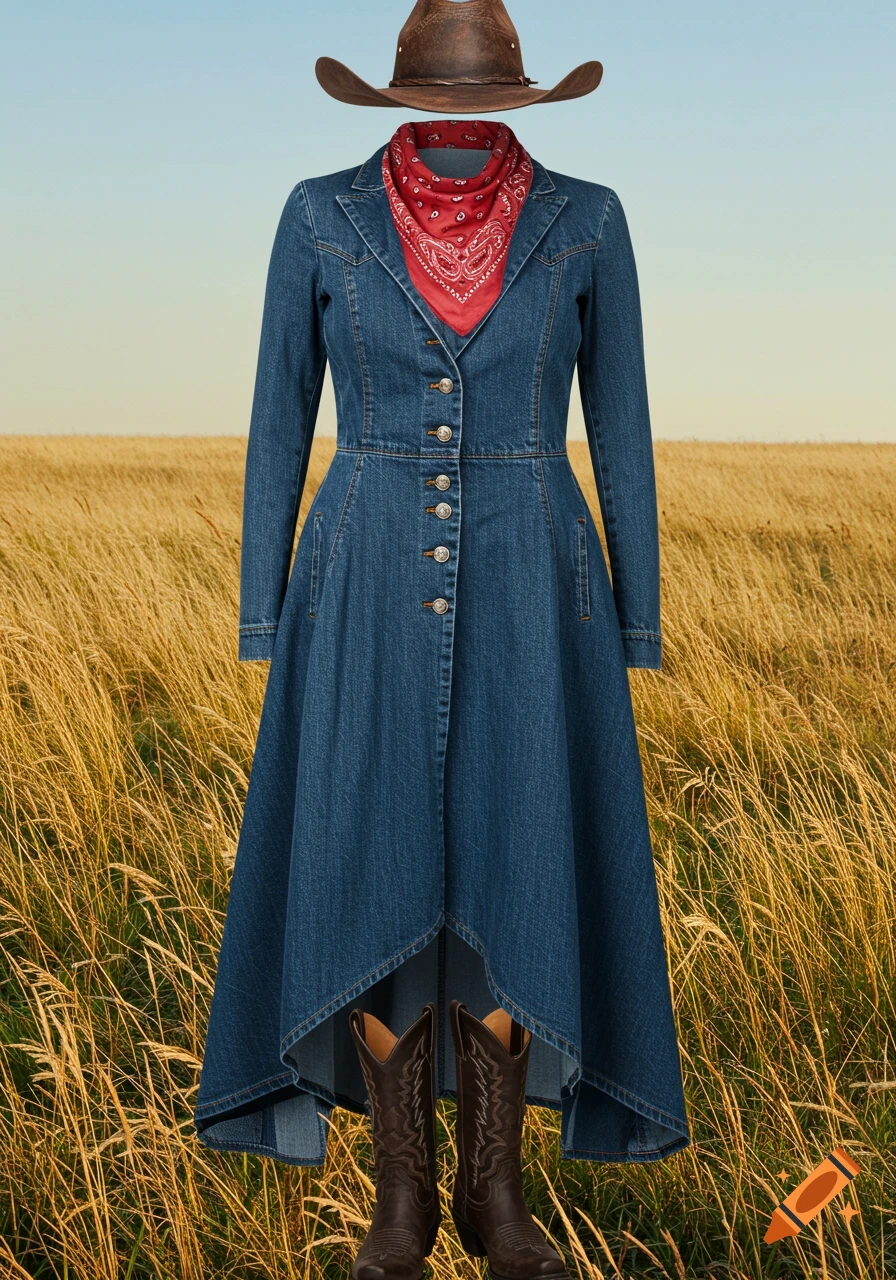 A long denim dress with a red cowboy bandana, a brown cowboy hat, and dark brown cowboy boots stand in a golden field.